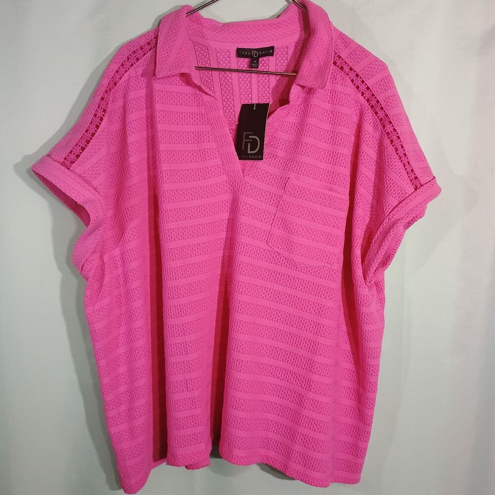 Pink Polo Top Women Short Sleeve Collared Shirt Textured Casual Blouse